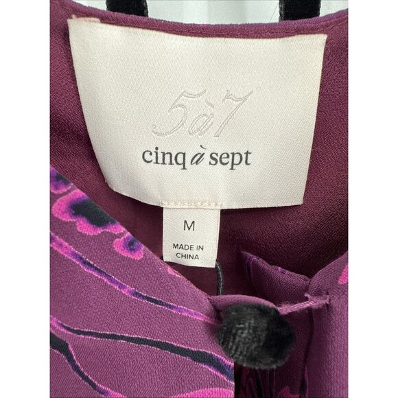 CINQ A SEPT Size Medium MABEL PURPLE FLORAL SILK BLACK VELVET RUFFLE BLOUSE TOP - Picture 11 of 16